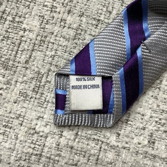 Joseph Abboud Gray Purple Blue Striped 100% Silk Tie - Picture 4 of 5